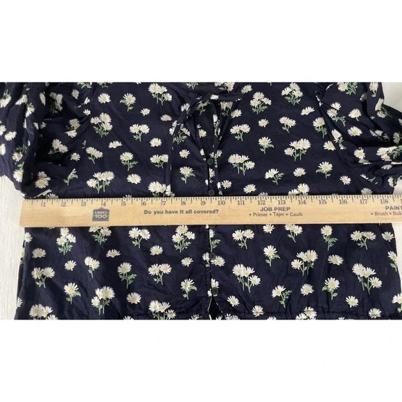 H&M Navy Yellow Daisy Floral Tie Front Blouce Puff Sleeves Top Woman's Size S - Picture 14 of 16